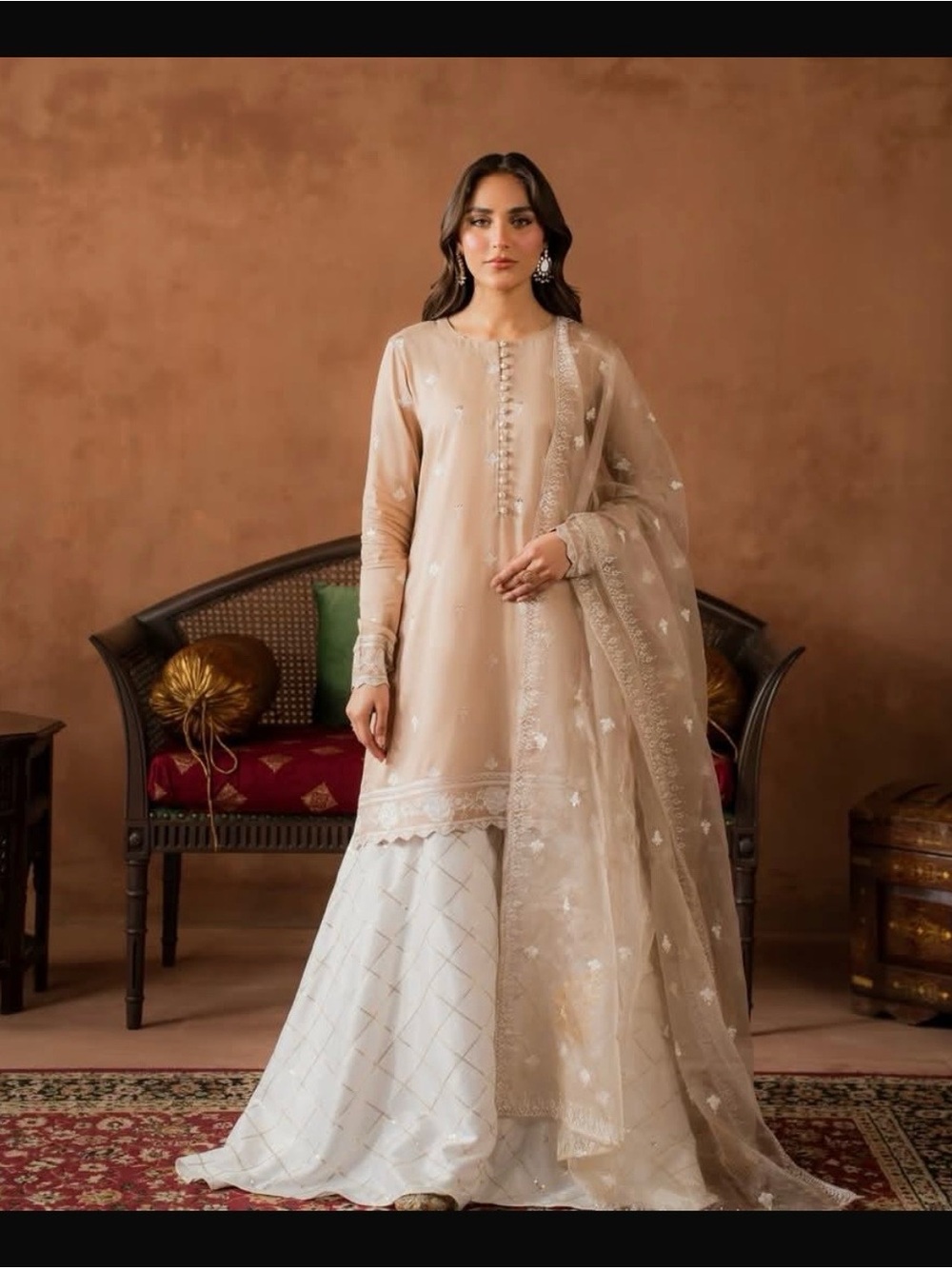 Beige Embroidered Long Sleeve Women's Dress with Ivory Sharara